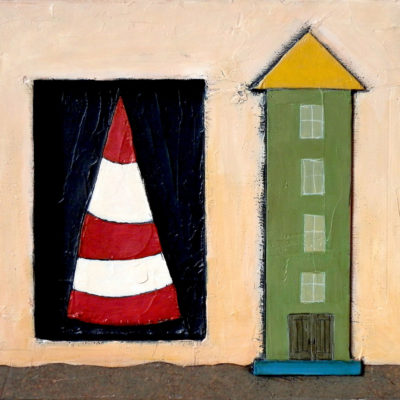 “Cone & Tower”, 20”x20” sculptural board, acrylic, plaster